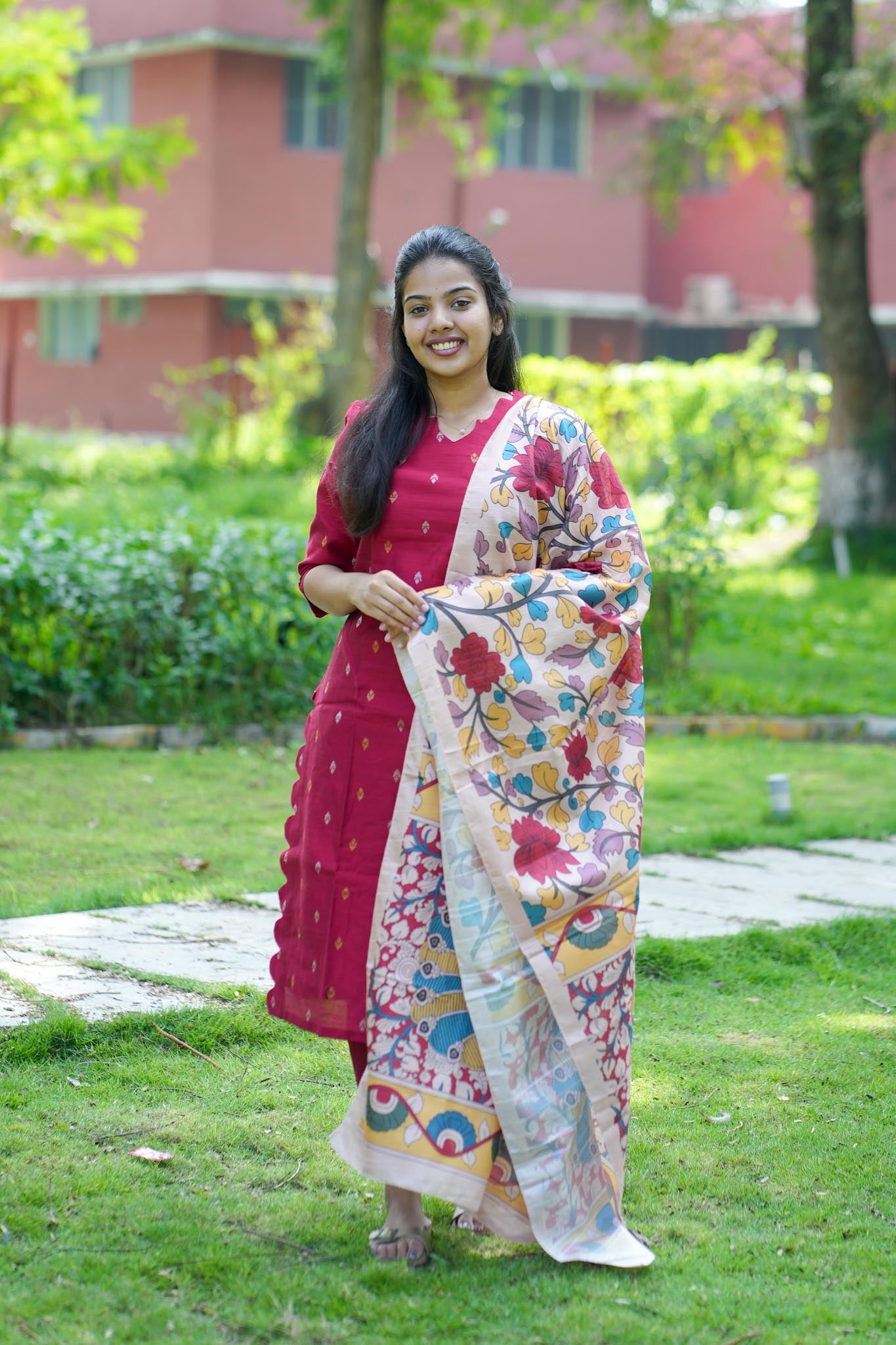 Crimson Red Raw Silk Co-Ord Set with Scalloped Hemline