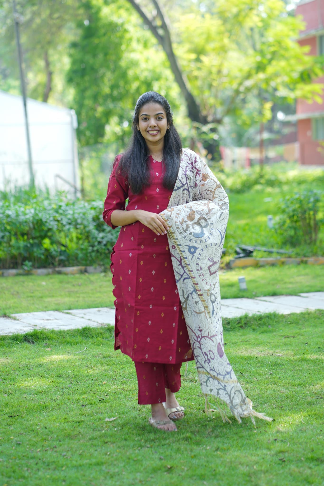 Crimson Red Raw Silk Co-Ord Set with Scalloped Hemline