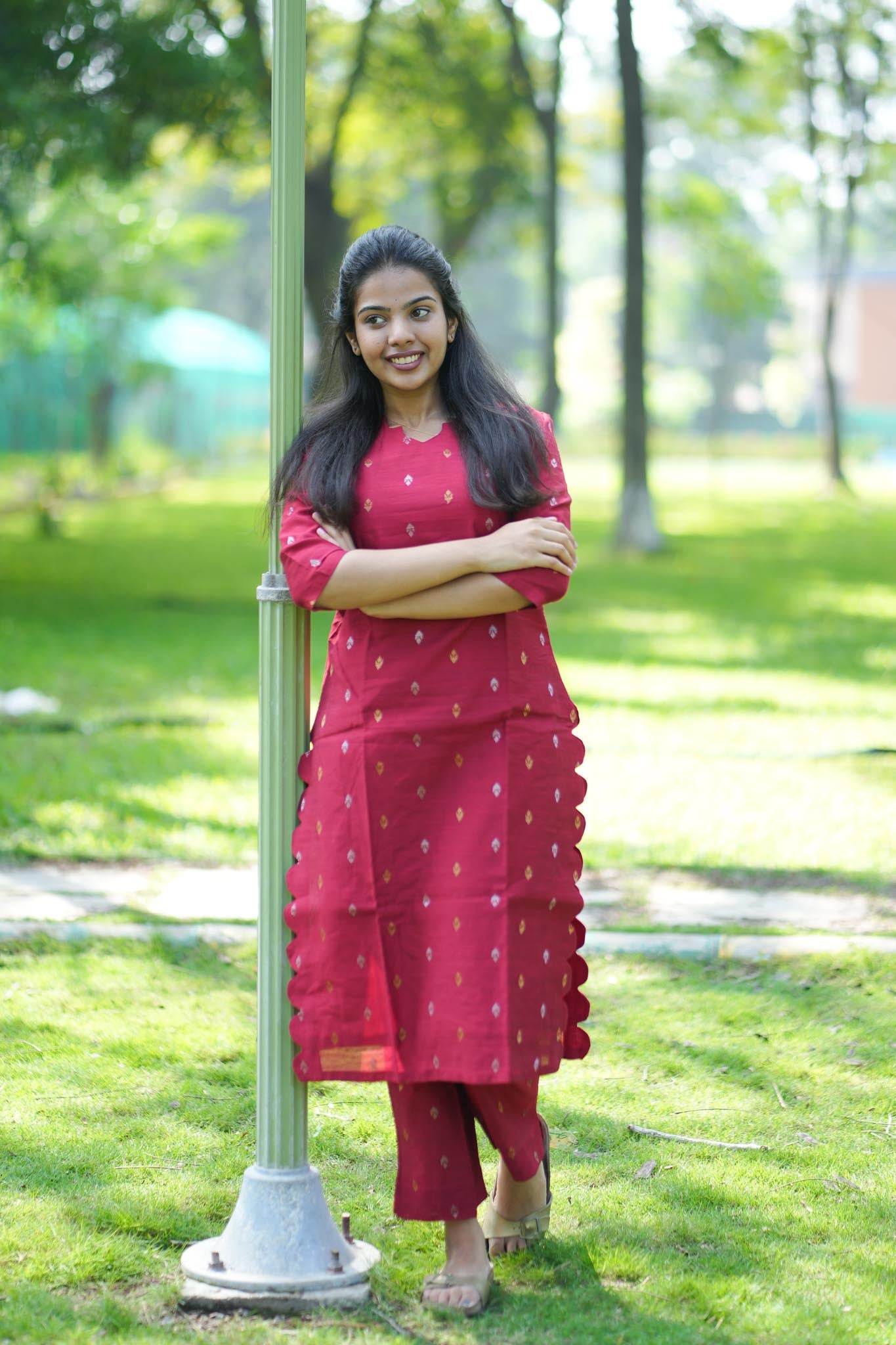 Crimson Red Raw Silk Co-Ord Set with Scalloped Hemline