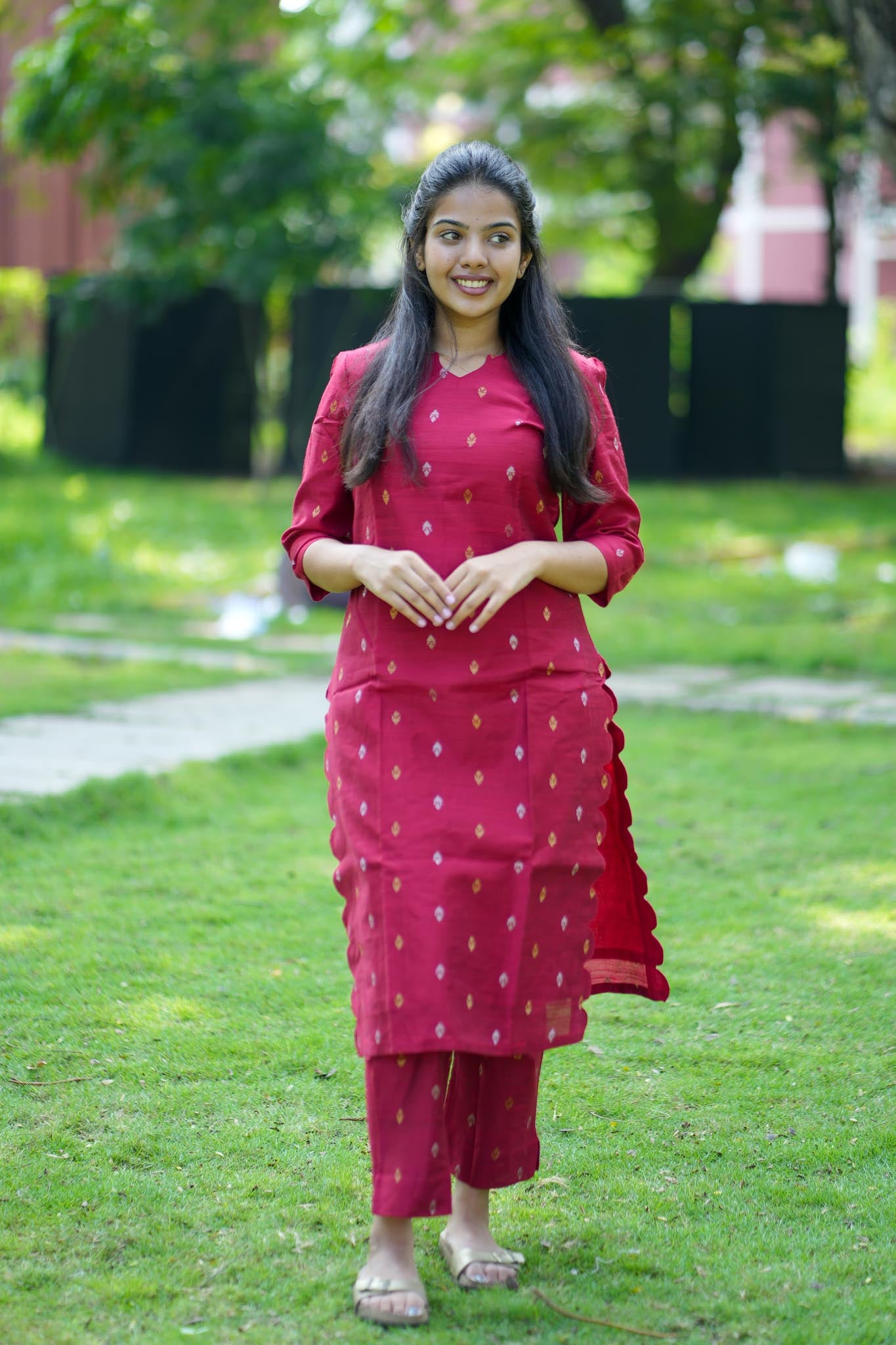 Crimson Red Raw Silk Co-Ord Set with Scalloped Hemline