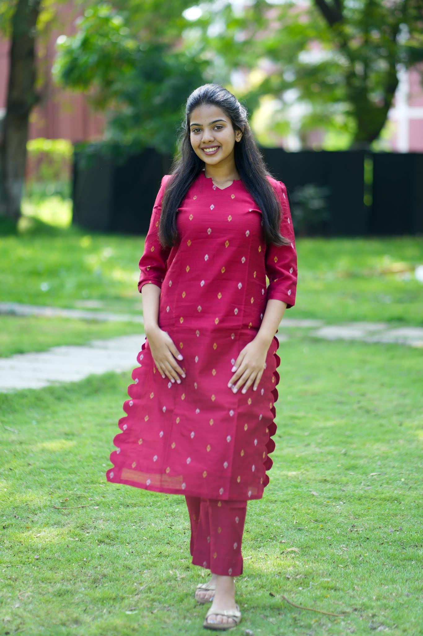 Crimson Red Raw Silk Co-Ord Set with Scalloped Hemline