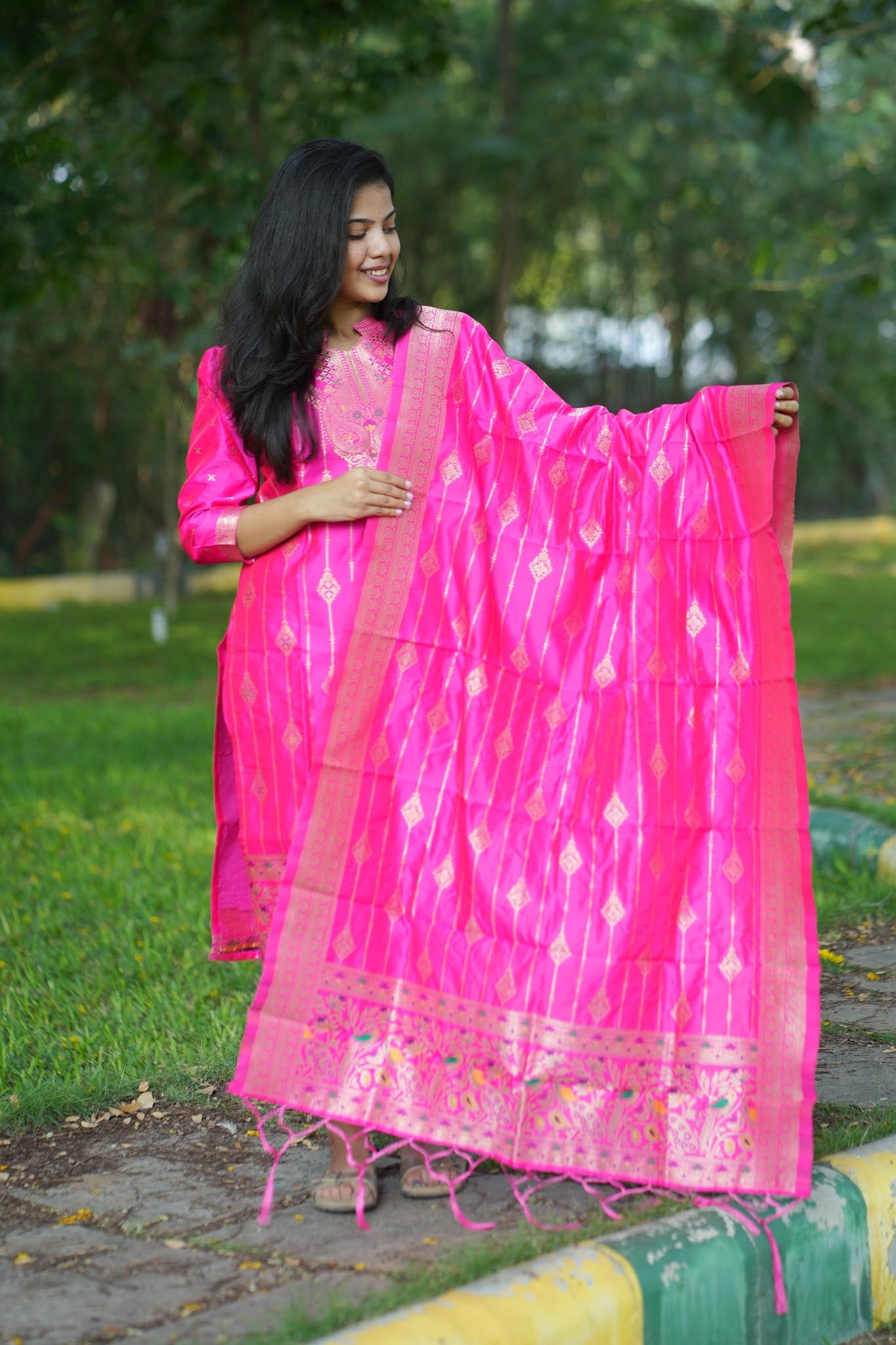 Rani Pink Banarasi Silk Suit Set with Gold Zari Work