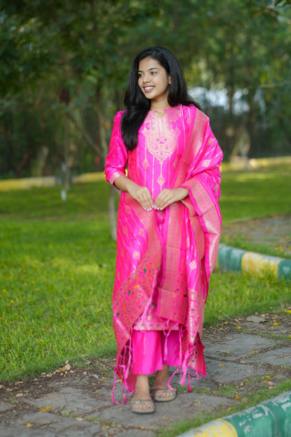 Rani Pink Banarasi Silk Suit Set with Gold Zari Work