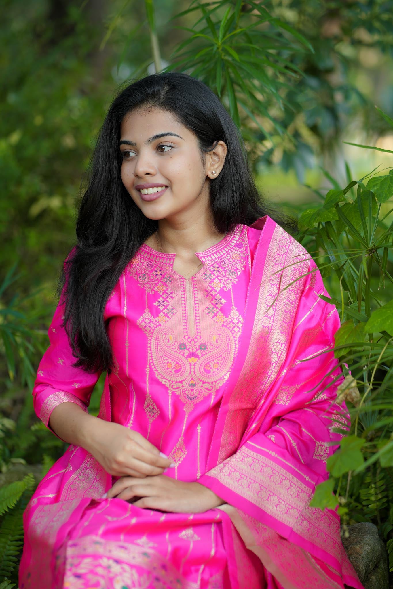 Rani Pink Banarasi Silk Suit Set with Gold Zari Work