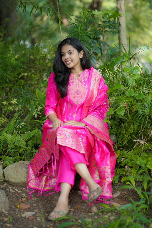 Rani Pink Banarasi Silk Suit Set with Gold Zari Work