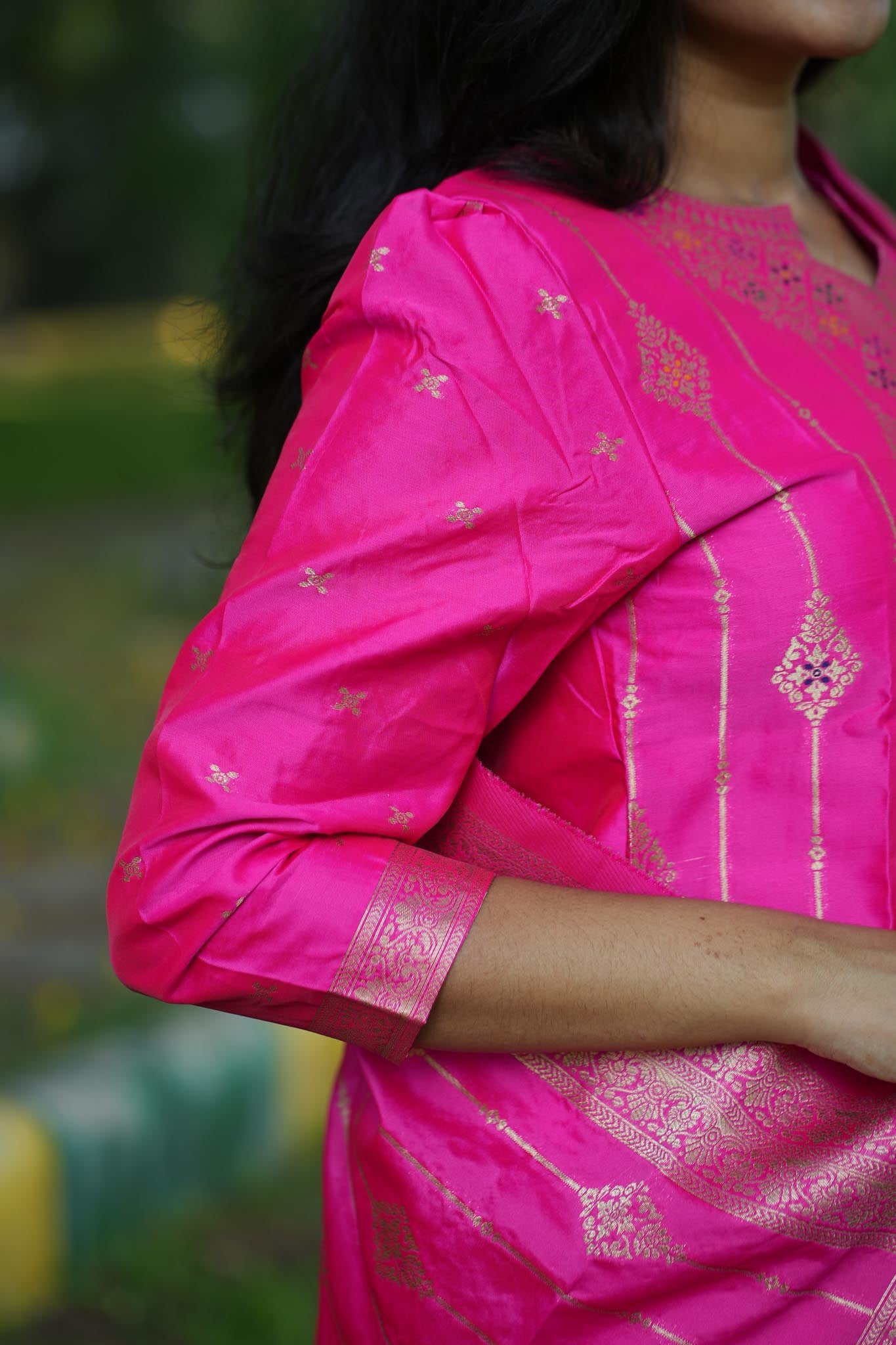 Rani Pink Banarasi Silk Suit Set with Gold Zari Work