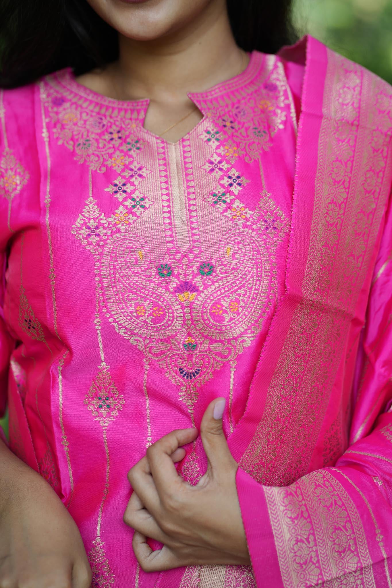 Rani Pink Banarasi Silk Suit Set with Gold Zari Work