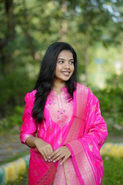 Rani Pink Banarasi Silk Suit Set with Gold Zari Work