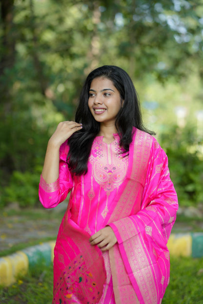 Rani Pink Banarasi Silk Suit Set with Gold Zari Work