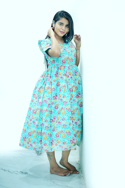 Turquoise Magic Floral Dress - Fit and Flare with Vibrant Red & Yellow Blossoms