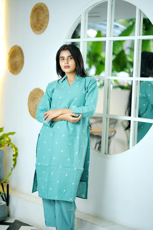 Diamond in Teal Set – Elegant South Cotton Jacquard Kurta