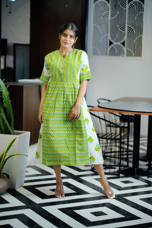 Green Garden Cotton Midi Dress – Elegance in Vibrant Floral Motifs