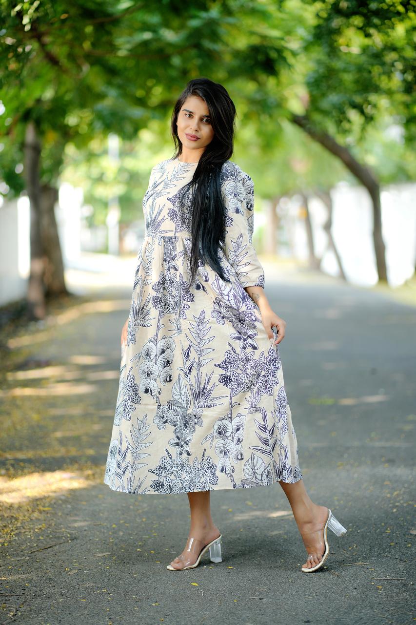 Tropical Beige Classic Dress – Premium Mul Mul Cotton for Comfort & Style