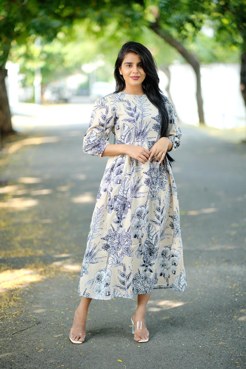 Tropical Beige Classic Dress – Premium Mul Mul Cotton for Comfort & Style