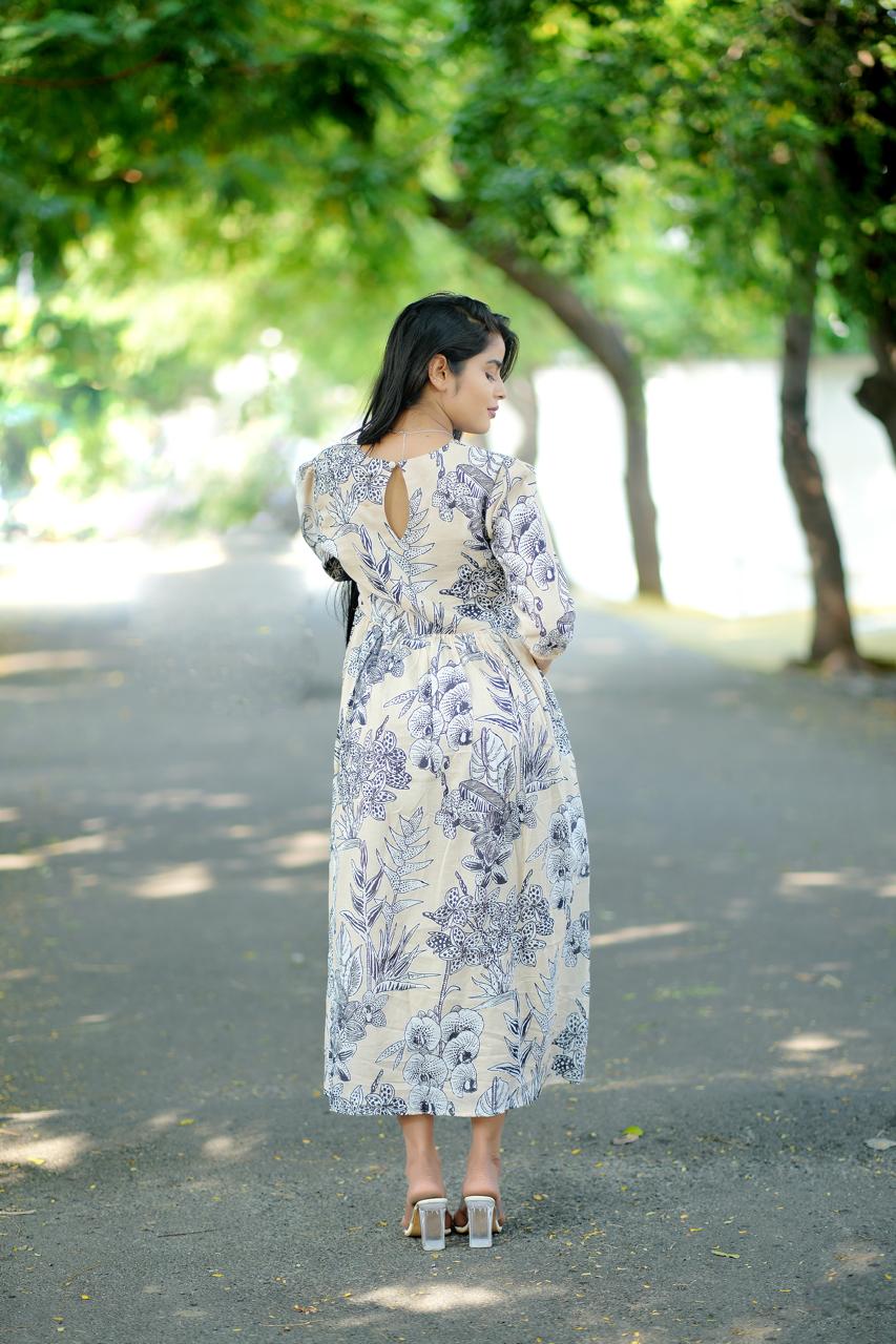 Tropical Beige Classic Dress – Premium Mul Mul Cotton for Comfort & Style