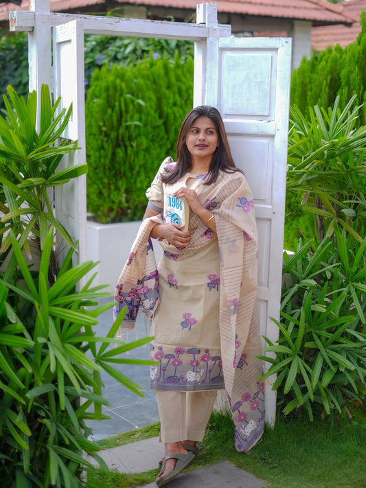 Pichwai Motif Jamdani Silk Cotton Suit Set